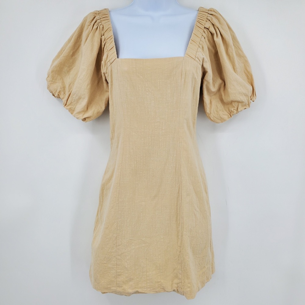 SNDYS Revolve Everyday Tan Puff Sleeve Square Neck Smocked Mini Dress M Boho